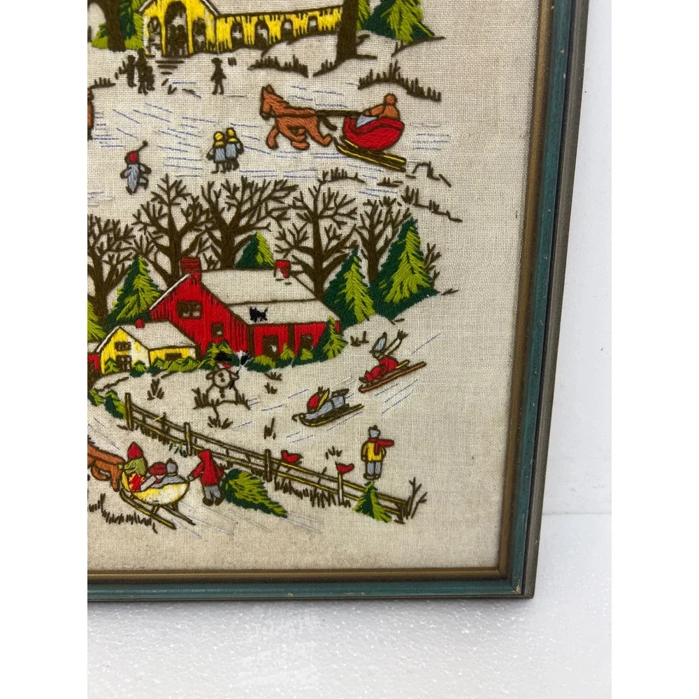 Vintage Framed Crewel Embroidery Winter Village Landscape Wood Frame Grannycore